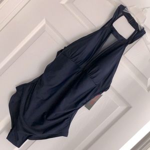 PLUS - NWT SIMON CHANG navy blue high neck swimsuit with mesh sz 14D